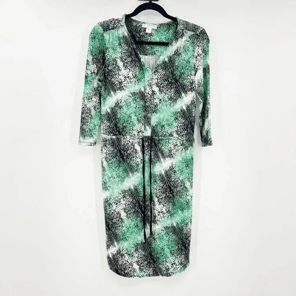 Kenar‎ Printed Cinch Waist Blouson Dress Women's Size S Green Long Sleeve